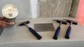 CATPOL foundation with time capsule engraved and hammer for the ground breaking ceremony at the Mitteldeutsches Paraffinwerk Webau GmbH at Webau / Germany